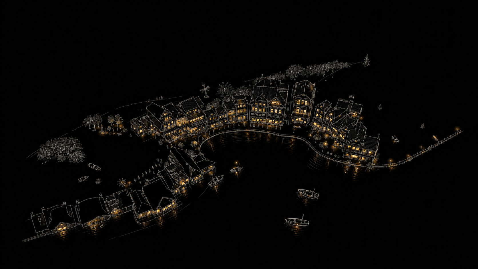Hand-drawn aerial illustration of a coastal town of boutique hotels at night with warmly lit windows