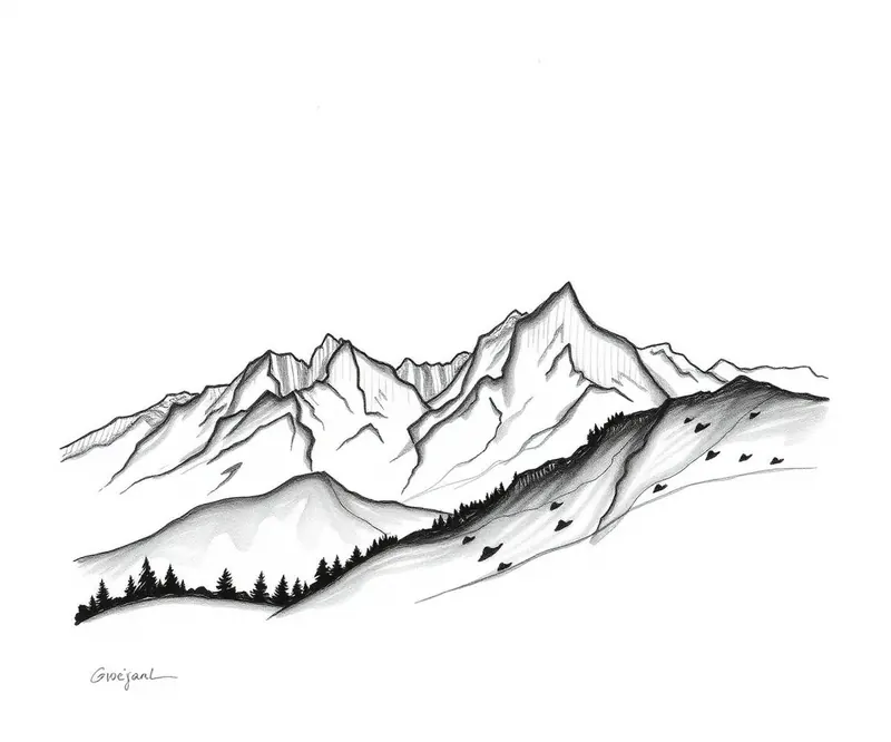 Ink sketch of a mountain range representing signal and pattern