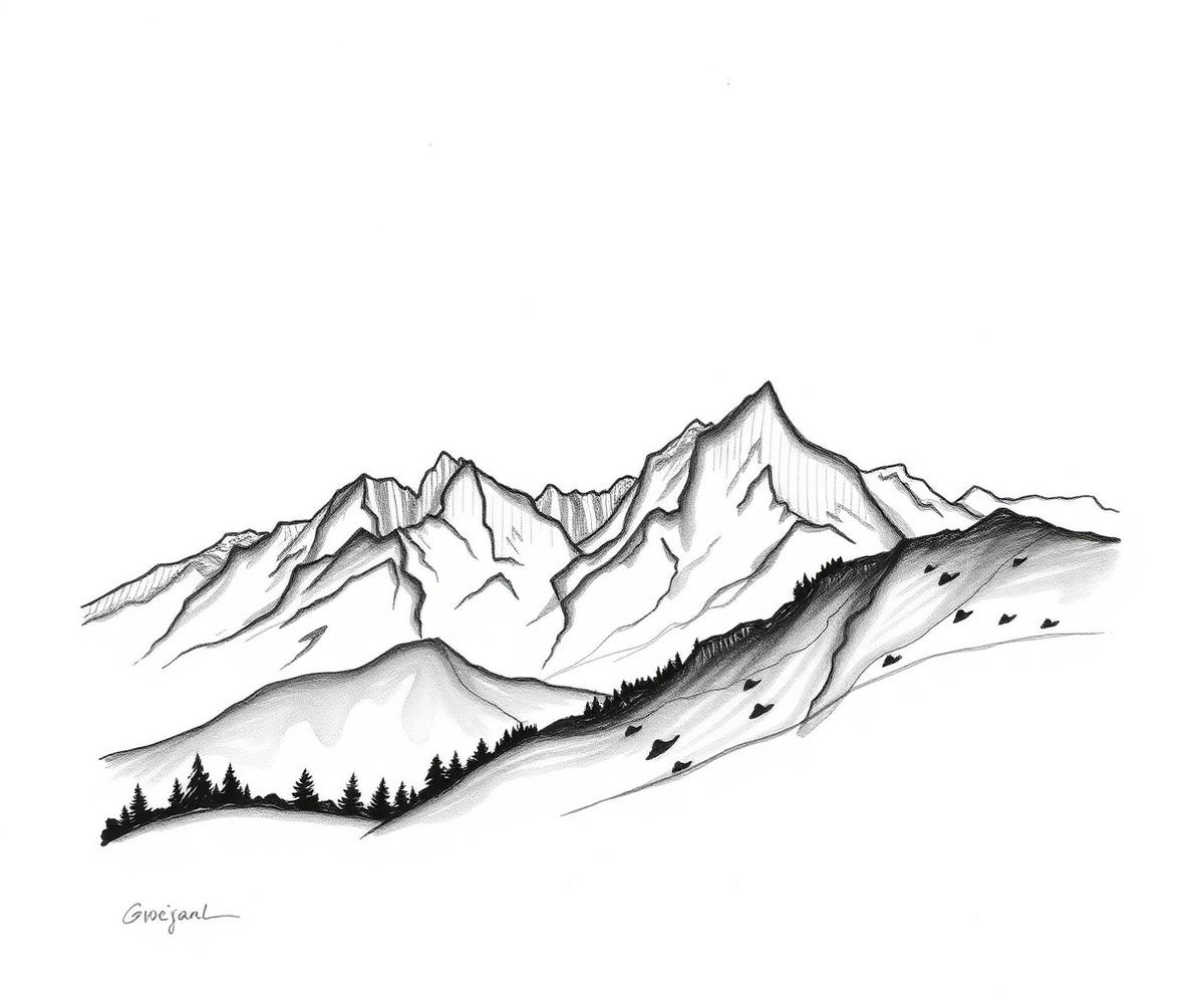 Ink sketch of a mountain range representing signal and pattern