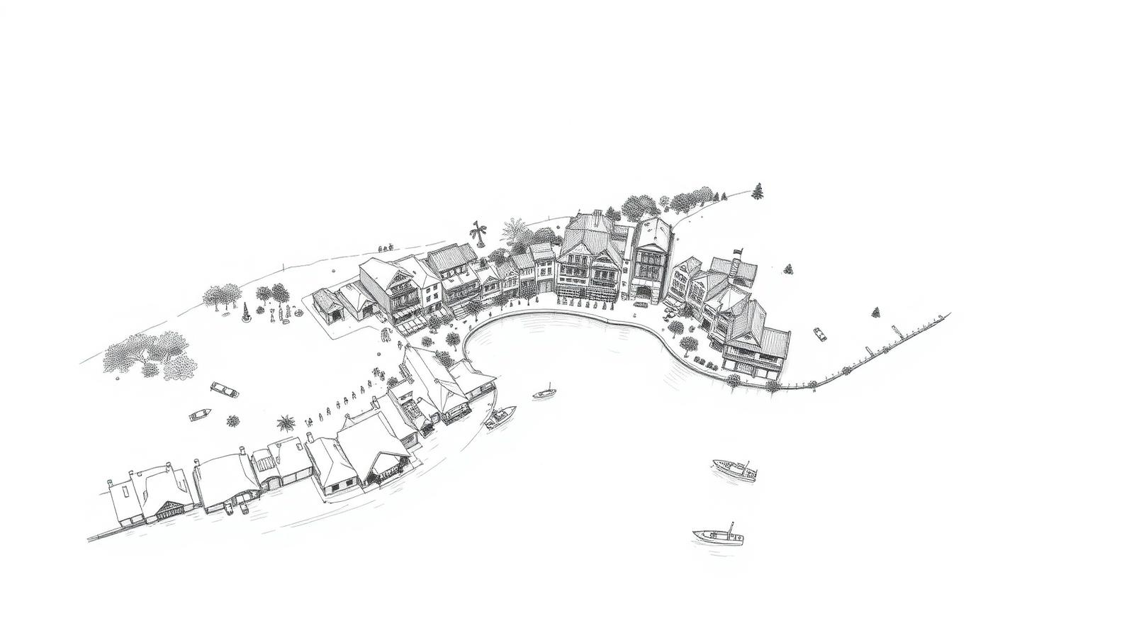 Hand-drawn aerial illustration of a coastal town of boutique hotels