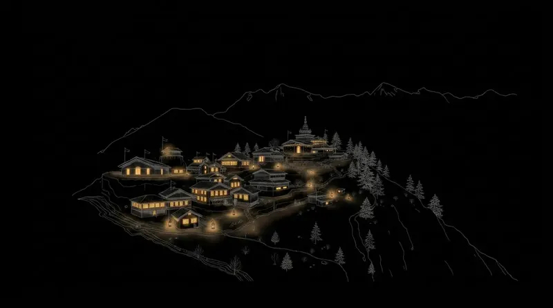 Night illustration of Mountain lodges & monasteries in Himalayas, India