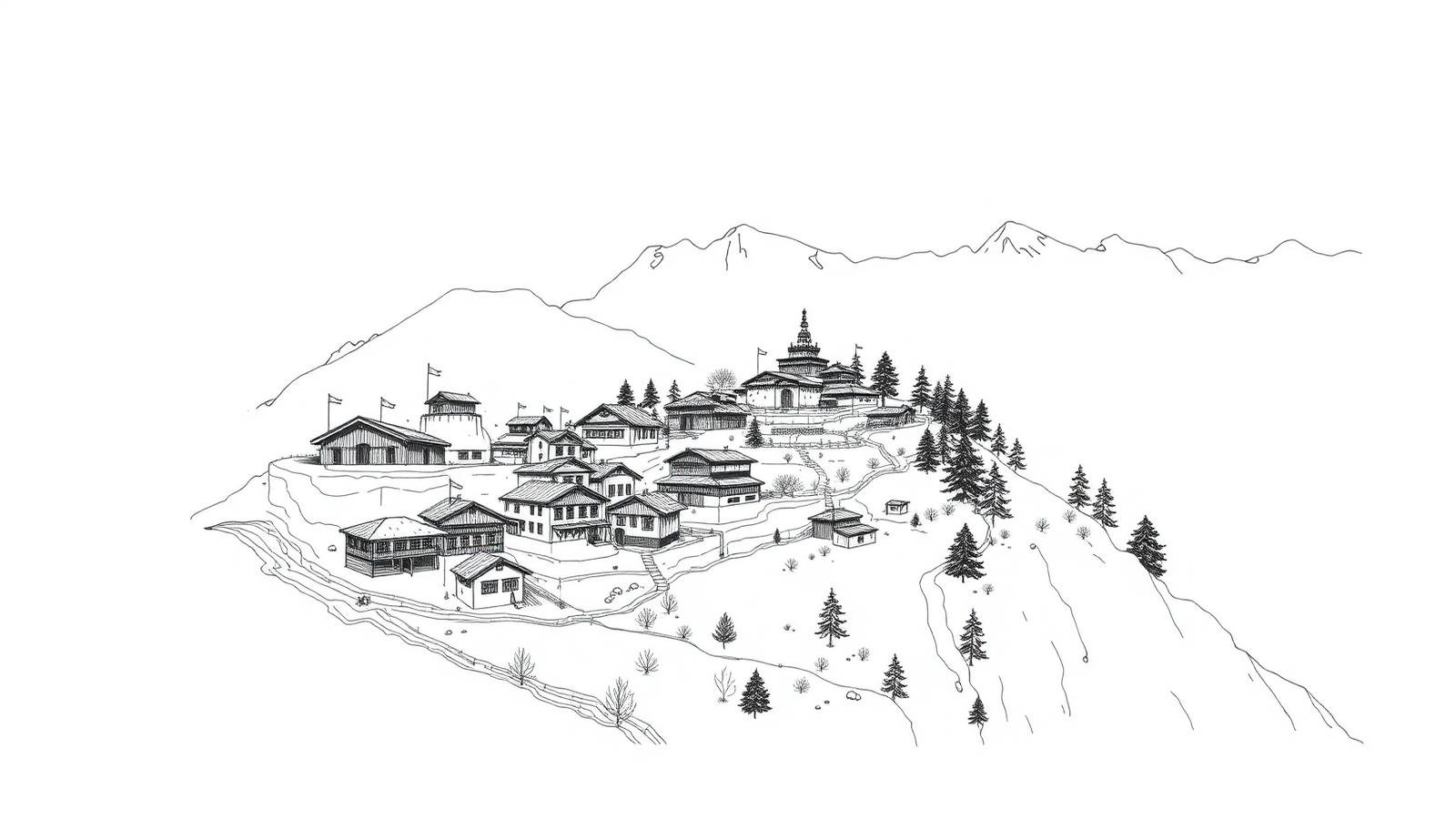 Hand-drawn illustration of Mountain lodges & monasteries in Himalayas, India