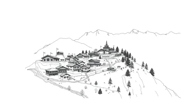 Hand-drawn illustration of Mountain lodges & monasteries in Himalayas, India