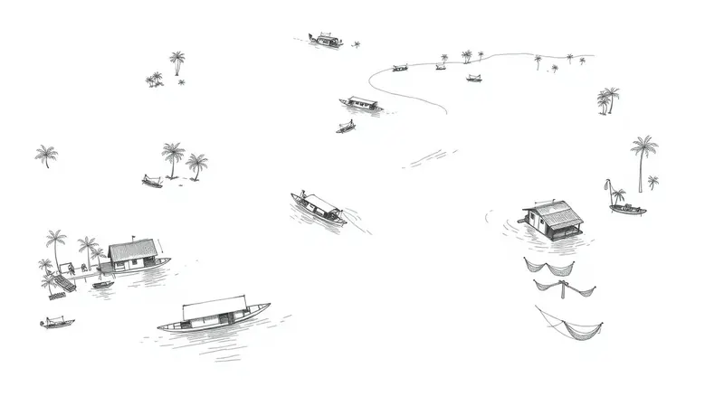 Hand-drawn illustration of Backwaters & tharavadus in Kerala, India