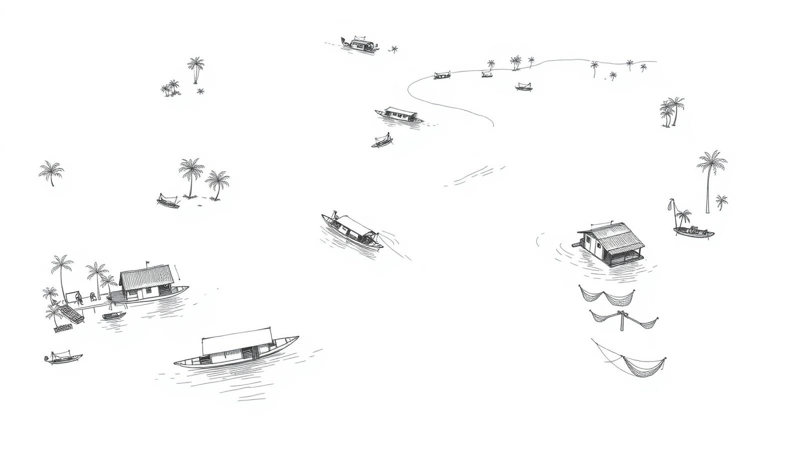 Hand-drawn illustration of Backwaters & tharavadus in Kerala, India