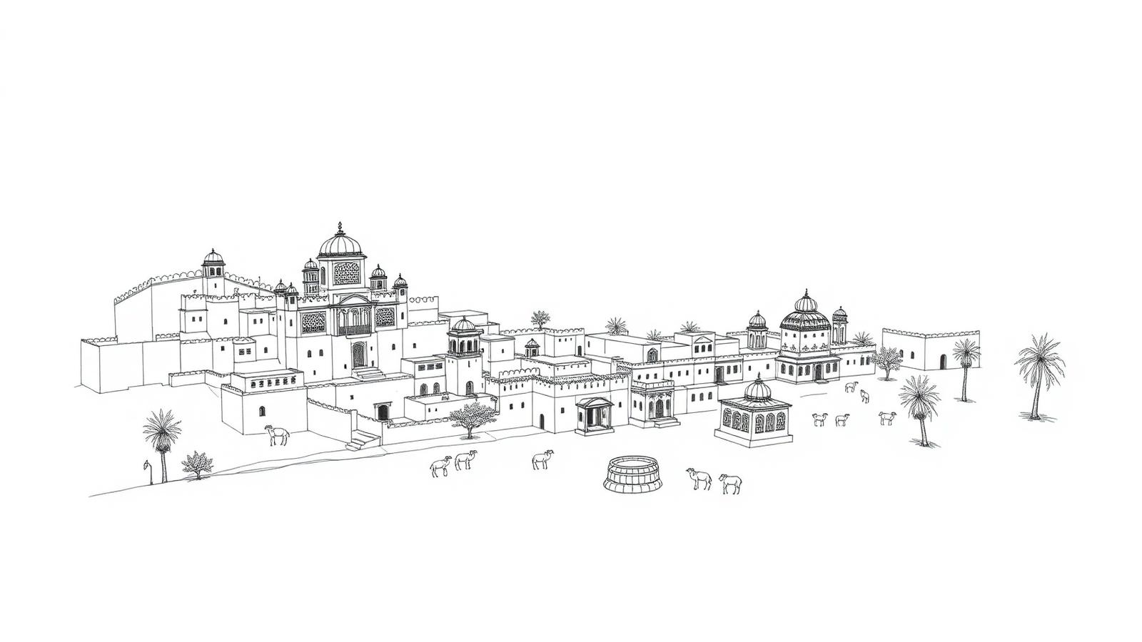 Hand-drawn illustration of Havelis & desert palaces in Rajasthan, India