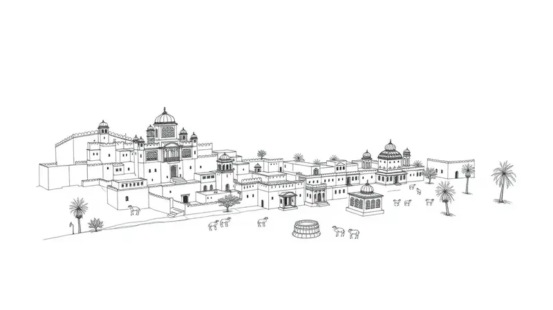 Hand-drawn illustration of Havelis & desert palaces in Rajasthan, India