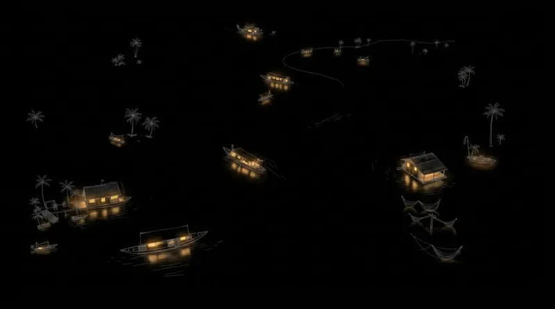 Night illustration of Backwaters & tharavadus in Kerala, India