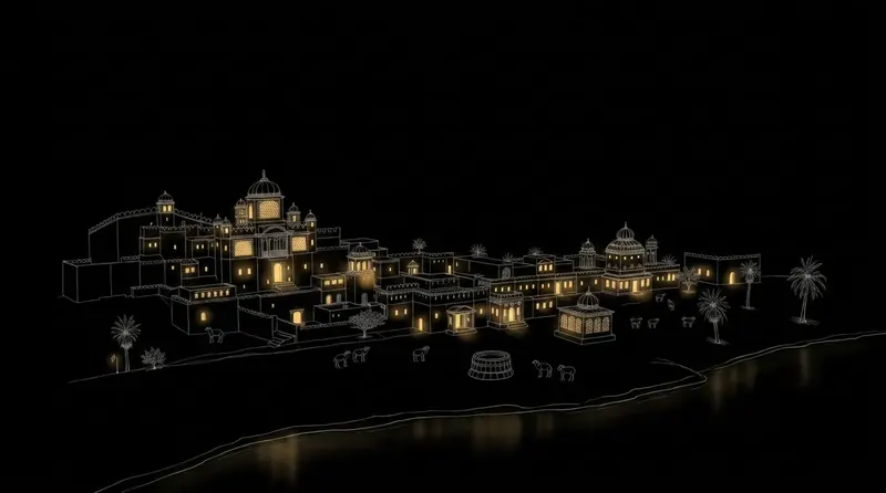 Night illustration of Havelis & desert palaces in Rajasthan, India